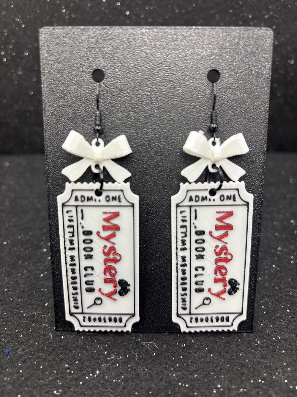 Mystery Book Club Ticket Drop Earrings with White Bows